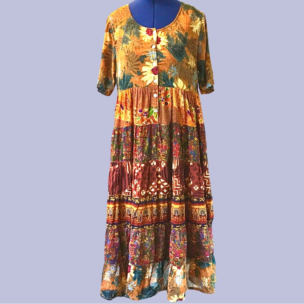 Vintage LA CERA Bohemian Tiered Patchwork Maxi Dress